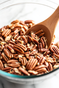 A close-up shot of a wooden spoon folding chopped pecans into the thick batter inside the glass mixing bowl on the white marble cooktop. The pecans are evenly distributed, adding a nutty texture to the batter.