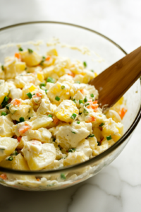 A close-up of a large glass mixing bowl on a white marble cooktop, as cooled potatoes, diced eggs, and freshly chopped vegetables are gently folded into the creamy dressing using a wooden spatula. The mixture is well-coated but still maintaining texture.