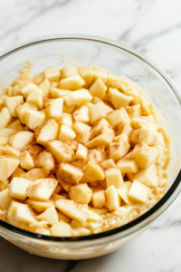 A close-up of the glass mixing bowl on a white marble cooktop, where freshly chopped Honeycrisp apple pieces are being folded into the batter. The apple chunks are evenly coated, adding texture and natural sweetness to the dough.