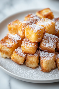 A close-up of a serving plate on a white marble cooktop, holding freshly cooked Hawaiian Roll French Toast Bites. The golden-brown pieces are dusted with powdered sugar, adding a light sweetness and an elegant finishing touch.