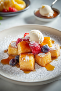 A close-up of a beautifully arranged breakfast spread on a white marble cooktop. A plate of Hawaiian Roll French Toast Bites is drizzled with syrup, topped with fresh fruit, and lightly dusted with powdered sugar. A small dish of honey and a scoop of vanilla ice cream sit nearby, adding an extra touch of indulgence.