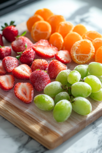 A close-up shot of a white marble cooktop featuring freshly washed strawberries, seedless grapes, and clementine segments neatly arranged on a wooden cutting board. The vibrant red, green, and orange fruits glisten under the light as they dry thoroughly, ensuring the sugar coating will adhere properly for Candied Fruit Skewers.