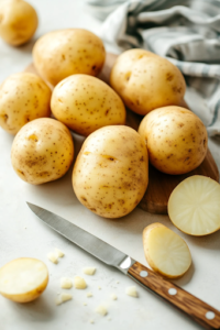 A close-up shot of fresh Yukon Gold potatoes resting on a rustic wooden kitchen counter, with a sharp knife and a wooden cutting board nearby. The potatoes have a smooth golden skin and are ready to be diced for roasting.