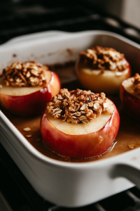 A close-up shot of the baking dish with stuffed apples over the white marble cooktop, with a few tablespoons of water added to the bottom. The water helps create moisture, ensuring the apples bake to a soft, tender texture.