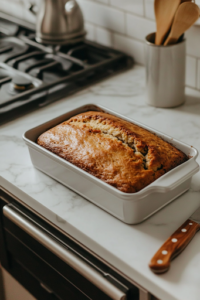 A close-up of a freshly baked golden-brown banana bread loaf cooling in its pan on a white marble cooktop. A knife rests beside the pan, ready to slice into the moist, fluffy bread, revealing its soft and tender crumb.