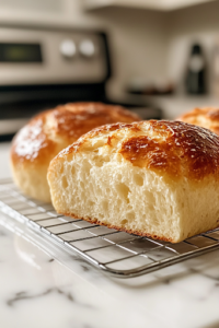A close-up of two golden brown loaves of freshly baked bread cooling on a wire rack over a white marble cooktop. The crust looks crisp, and a sliced piece reveals the soft, fluffy interior, ready to be enjoyed.