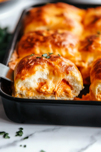 A close-up shot of the freshly baked buffalo chicken sliders in a black baking dish on the white marble cooktop. The golden-brown tops glisten, and gooey melted cheese oozes between the layers. A spatula lifts one slider, revealing the delicious, spicy filling inside.