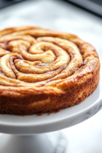 A close-up shot of the golden-brown cinnamon roll cake fresh out of the oven, resting on the white marble cooktop. The swirled cinnamon layer has slightly crisped on top, while the cake appears fluffy and warm, ready to be glazed for the ultimate sweet treat.