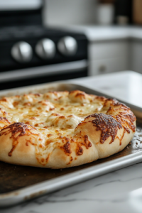 A close-up of a freshly baked golden-brown pizza on a baking sheet over the white marble cooktop. The crust is crisp and bubbly, with melted cheese and toppings glistening, ready to be sliced and served.