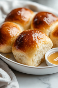 A close-up of freshly baked golden-brown honey butter rolls on a white marble cooktop, glistening as they are brushed with melted butter. A small dish of cinnamon honey butter sits beside them, ready to be spread on the warm, fluffy rolls.