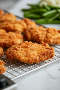 Freshly fried crispy chicken rests on a wire rack over the white marble cooktop. The golden, crunchy coating glistens, showcasing its crispy texture, ready to be served with mashed potatoes and green beans.