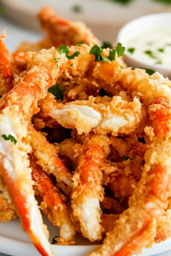 A serving plate on the white marble cooktop, piled with crispy fried imitation crab legs. The dish is garnished with fresh parsley and served with a small bowl of dipping sauce, such as garlic butter or spicy aioli, ready to be enjoyed.