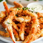 A serving plate on the white marble cooktop, piled with crispy fried imitation crab legs. The dish is garnished with fresh parsley and served with a small bowl of dipping sauce, such as garlic butter or spicy aioli, ready to be enjoyed.