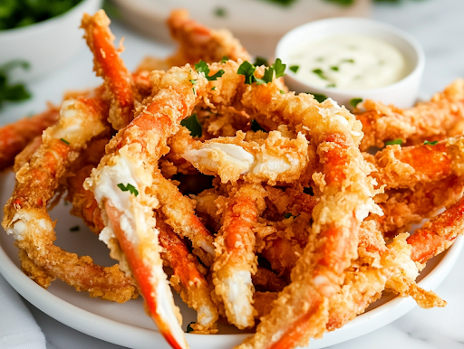A serving plate on the white marble cooktop, piled with crispy fried imitation crab legs. The dish is garnished with fresh parsley and served with a small bowl of dipping sauce, such as garlic butter or spicy aioli, ready to be enjoyed.