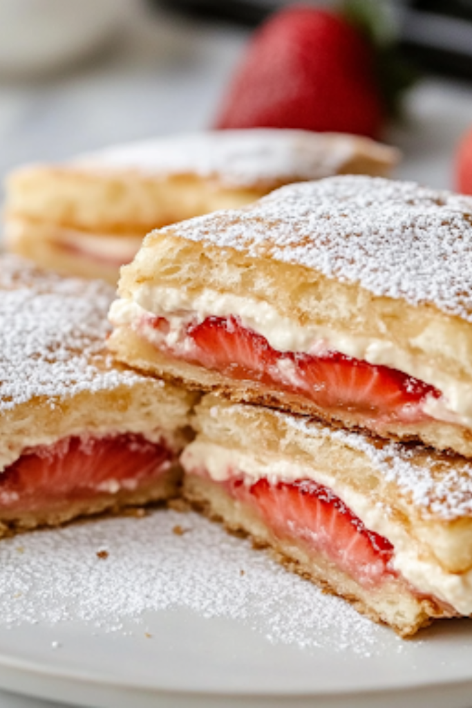 A close-up shot of a serving plate on the white marble cooktop, with the fried sandwiches dusted with powdered sugar. One sandwich is cut in half, showcasing the gooey, creamy strawberry filling inside its crispy golden crust, ready to be enjoyed.