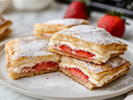 A close-up shot of a serving plate on the white marble cooktop, with the fried sandwiches dusted with powdered sugar. One sandwich is cut in half, showcasing the gooey, creamy strawberry filling inside its crispy golden crust, ready to be enjoyed.