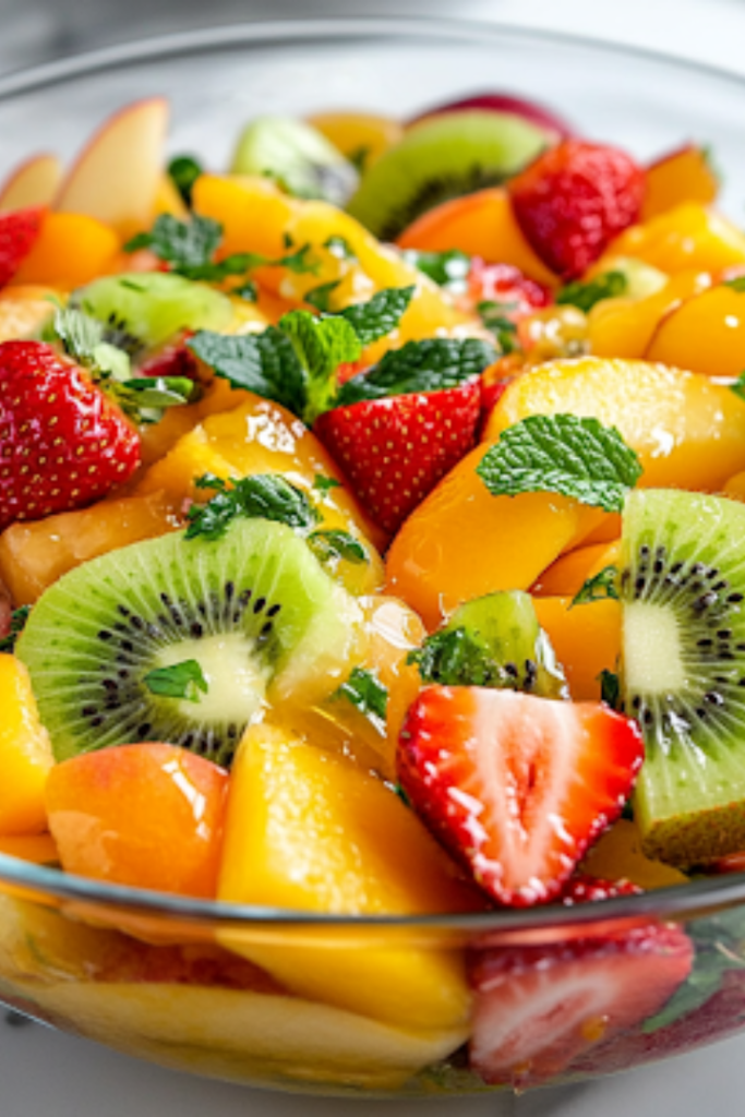 A close-up shot of the fully prepared Summer Citrus Fruit Salad in a clear glass serving bowl on the white marble cooktop. The fresh, glistening fruits are beautifully garnished with finely chopped mint and a drizzle of honey, creating a visually enticing and refreshing dish, ready to be enjoyed.