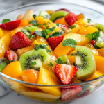 A close-up shot of the fully prepared Summer Citrus Fruit Salad in a clear glass serving bowl on the white marble cooktop. The fresh, glistening fruits are beautifully garnished with finely chopped mint and a drizzle of honey, creating a visually enticing and refreshing dish, ready to be enjoyed.