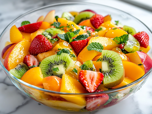 A close-up shot of the fully prepared Summer Citrus Fruit Salad in a clear glass serving bowl on the white marble cooktop. The fresh, glistening fruits are beautifully garnished with finely chopped mint and a drizzle of honey, creating a visually enticing and refreshing dish, ready to be enjoyed.