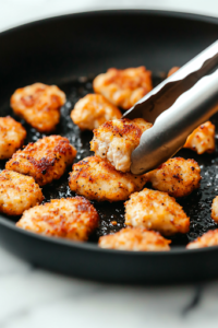 A close-up shot of a black frying pan on a white marble cooktop, where freshly shaped chicken patties sizzle in hot oil, turning golden brown on each side. A pair of tongs is flipping one of the patties, revealing a crispy, well-browned crust, while other patties continue to cook, absorbing the rich flavors from the pan.