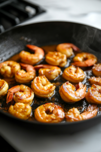 A close-up shot of a black skillet on the white marble cooktop, where golden-brown chicken pieces sizzle in hot oil. Nearby, shrimp turn pink and opaque as they cook, achieving the perfect texture, ready to be combined with the rich curry sauce.