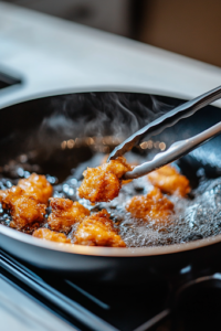 A black skillet on a white marble cooktop filled with hot vegetable oil, sizzling with coated chicken pieces turning golden brown. A pair of tongs lifts one crispy piece, revealing its crunchy golden texture as it fries to perfection.