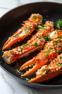 Coated imitation crab legs being carefully placed into the hot oil in a black frying pan on the white marble cooktop. The oil sizzles as the crab legs begin to fry, developing a golden-brown crust.
