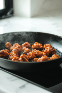 A black cast-iron skillet with golden-brown, crispy-coated chicken breasts sizzling in hot avocado oil. The surface of the chicken is crunchy and textured, with a slight sheen from the oil, ensuring a crispy, flavorful bite.