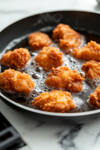 Golden-brown crispy fried chicken sizzles in hot oil inside a black deep pan on the white marble cooktop. Small bubbles surround the chicken as it fries to perfection, developing a crunchy and flavorful exterior.