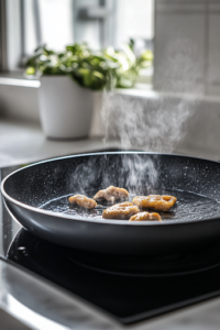 A close-up shot of a black skillet on a white marble cooktop, with canola oil shimmering as it heats over medium-high heat. The coated chicken pieces sizzle as they turn golden brown and crispy, with tiny bubbles forming around them, indicating they are cooking to perfection.