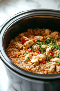 A final close-up shot of the slow cooker chicken and rice fully cooked, with steam rising from the dish. The tender chicken, fluffy rice, and vibrant colors from the bell peppers and tomatoes create a rich and satisfying texture.