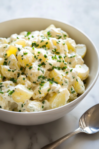 A close-up of a serving bowl on a white marble cooktop, filled with chilled, creamy potato salad. The dish is beautifully garnished with extra chopped chives, and a spoon rests beside the bowl, ready for serving.