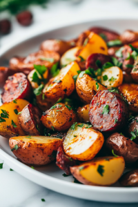A close-up of a serving platter on a white marble cooktop, beautifully arranged with golden-brown roasted potatoes and caramelized kielbasa. Fresh parsley is sprinkled on top, adding color and a burst of freshness, ready to be served hot.