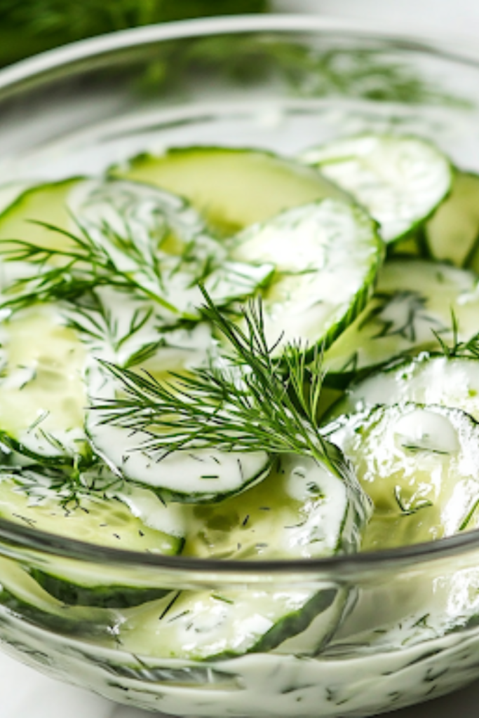 A bowl of chilled German cucumber salad served in a white ceramic dish on the white marble cooktop. The creamy dressing lightly coats the thinly sliced cucumbers, with fresh dill sprinkled on top as a garnish, ready to be enjoyed.