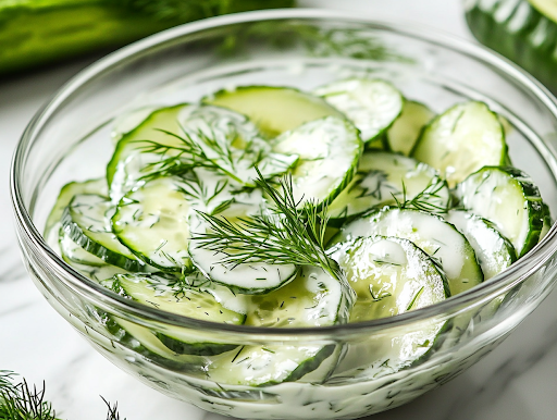 A bowl of chilled German cucumber salad served in a white ceramic dish on the white marble cooktop. The creamy dressing lightly coats the thinly sliced cucumbers, with fresh dill sprinkled on top as a garnish, ready to be enjoyed.