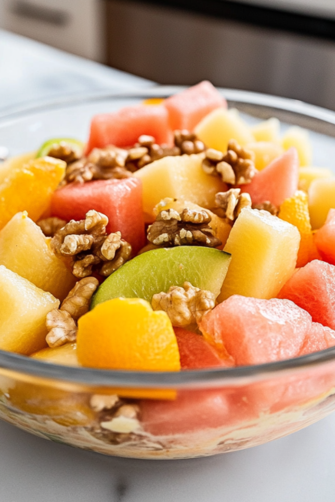 Close-up of the finished melon and citrus salad in a glass bowl on the white marble cooktop, freshly tossed and ready to be served. The fruits and walnuts are coated in the creamy dressing, creating a beautifully refreshing dish.