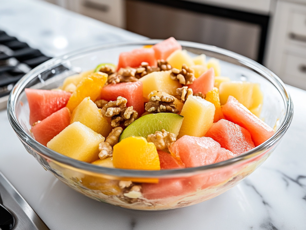 Close-up of the finished melon and citrus salad in a glass bowl on the white marble cooktop, freshly tossed and ready to be served. The fruits and walnuts are coated in the creamy dressing, creating a beautifully refreshing dish.