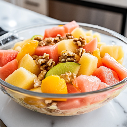 Close-up of the finished melon and citrus salad in a glass bowl on the white marble cooktop, freshly tossed and ready to be served. The fruits and walnuts are coated in the creamy dressing, creating a beautifully refreshing dish.