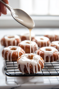 A close-up of a cooling rack on a white marble cooktop, with freshly baked apple cinnamon fritters being drizzled with smooth vanilla glaze from a spoon. The glaze cascades down, coating the warm fritters for a glossy and irresistible finish.