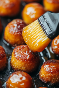 A close-up shot of a pastry brush generously coating warm Sweet Cornbread Poppers with the honey butter glaze. The golden glaze drips slightly, enhancing their shine and adding a rich buttery sweetness to the poppers.