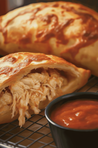 Golden-brown calzones fresh out of the air fryer, resting on a cooling rack. One calzone is cut open, revealing its creamy, cheesy, chicken-filled inside. A small bowl of marinara sauce sits nearby, ready for dipping.