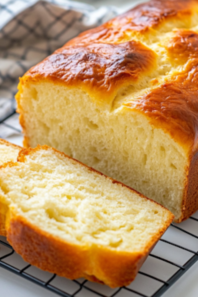 A close-up shot of the freshly baked bread cooling on a wire rack placed on the white marble cooktop. The crust is golden brown, and a few slices are cut, revealing the soft, fluffy interior, making it ready to be enjoyed with butter or jam.