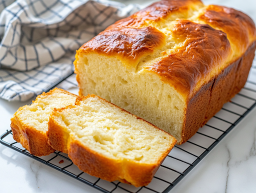 A close-up shot of the freshly baked bread cooling on a wire rack placed on the white marble cooktop. The crust is golden brown, and a few slices are cut, revealing the soft, fluffy interior, making it ready to be enjoyed with butter or jam.