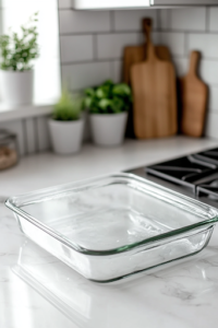 A close-up shot of a glass baking dish sitting on a white marble cooktop, lightly greased and ready for layering. In the background, the oven is preheating to 375°F (190°C), preparing for a deliciously cheesy au gratin potatoes dish.