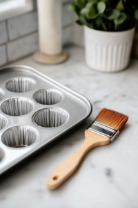 A close-up of a stainless steel muffin tin on a white marble cooktop, lightly greased and prepared for the potato mixture. A small brush with oil rests beside it, ensuring the cups are evenly coated.