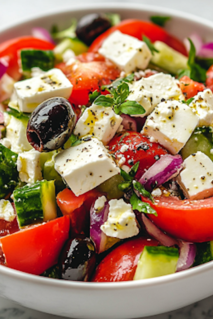 A close-up view of the finished Greek salad in a white ceramic bowl on a white marble cooktop, freshly dressed with the olive oil mixture. Crumbled feta cheese and glossy black olives garnish the dish, making it ready to serve and enjoy.