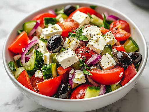 A close-up view of the finished Greek salad in a white ceramic bowl on a white marble cooktop, freshly dressed with the olive oil mixture. Crumbled feta cheese and glossy black olives garnish the dish, making it ready to serve and enjoy.