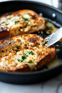A black skillet sits on the white marble cooktop, where the golden-brown sandwich is sizzling in melted butter. A spatula gently presses it down, ensuring an even crisp and a perfectly toasted crust.