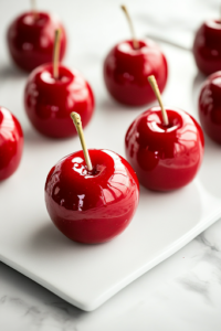 A close-up shot of perfectly hardened red candy apples displayed on a serving platter over a white marble cooktop. Some apples are wrapped in parchment for later, while one has a bite taken out, revealing the crisp, juicy apple inside.