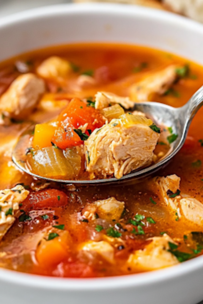 A ladle scoops a thick, creamy spoonful of hearty chicken stew from the black pot on the white marble cooktop. The dish is ready to be served, with crusty bread on the side for the perfect comforting meal.